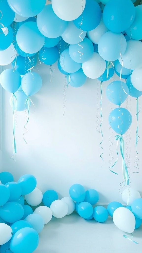 A vibrant display of baby blue balloons and streamers, creating a festive atmosphere.