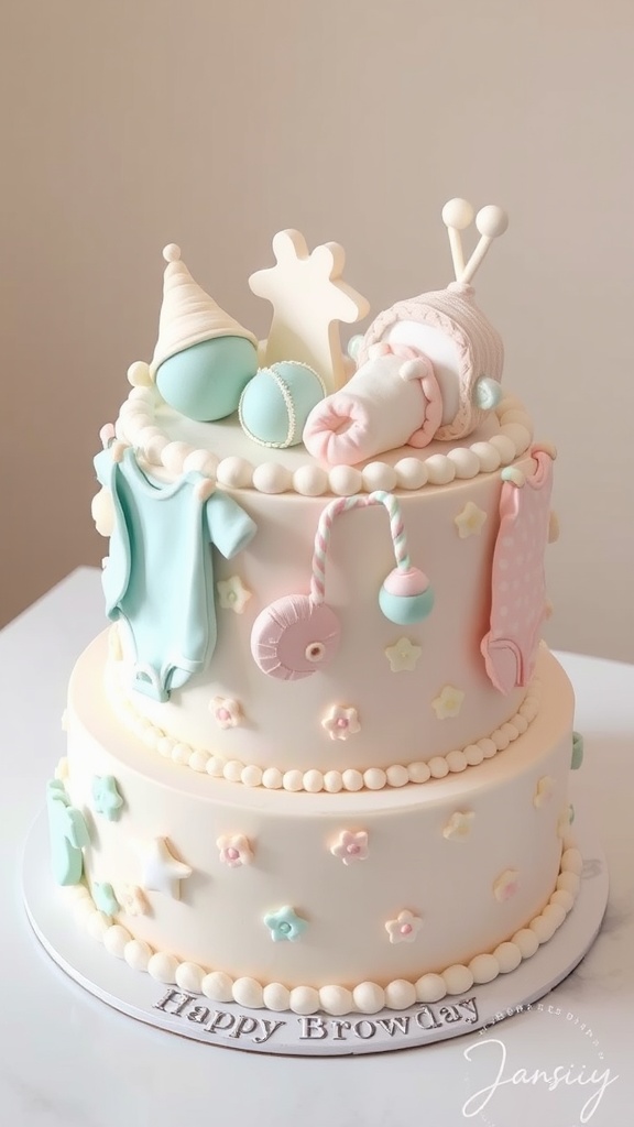 A two-tiered baby shower cake designed with pastel colors, baby clothes, and playful decorations.