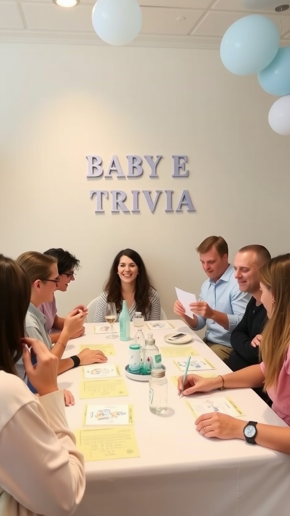 Group of people engaging in a baby shower trivia game with a sign that reads 'BABY E TRIVIA'.