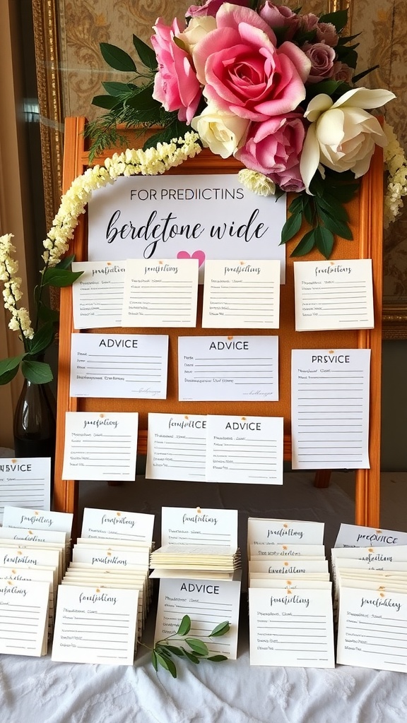 Display of baby predictions and advice cards at a baby shower, featuring floral decorations and organized card sections.