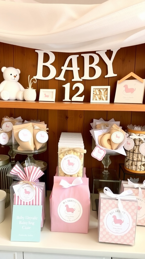 Display of baby shower favors including cookies, pastel boxes, and a bear