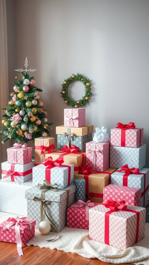 A festive arrangement of colorful gift boxes with a small decorated tree in the background.