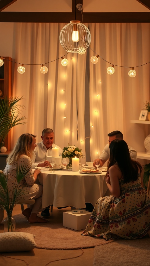 A cozy baby shower setting with friends gathered at a table, enjoying food and warm lighting.