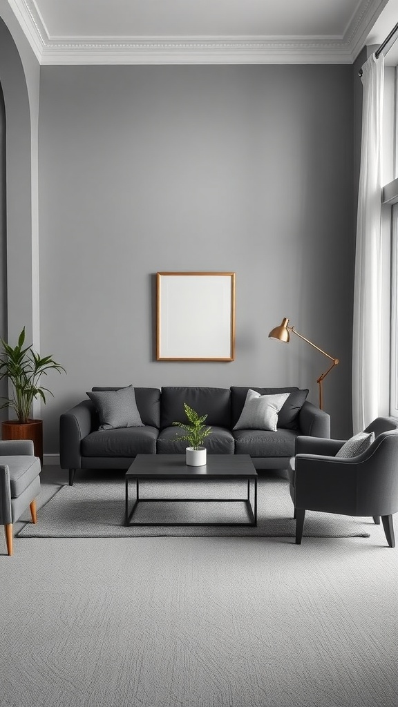 A modern living room featuring a dark gray couch, armchairs, and a coffee table with a plant.