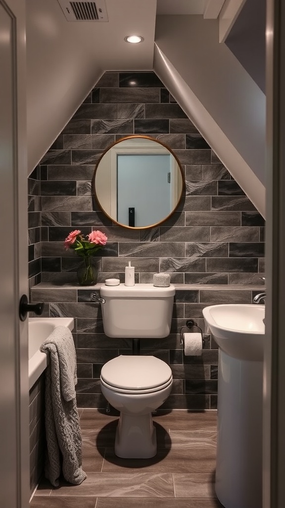 Small bathroom with slanted ceiling featuring dark tiles, round mirror, and white fixtures