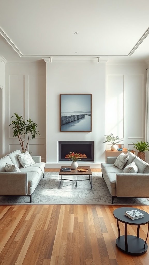 A minimalist yet comfortable living room with two sofas, a coffee table, and a cozy atmosphere.