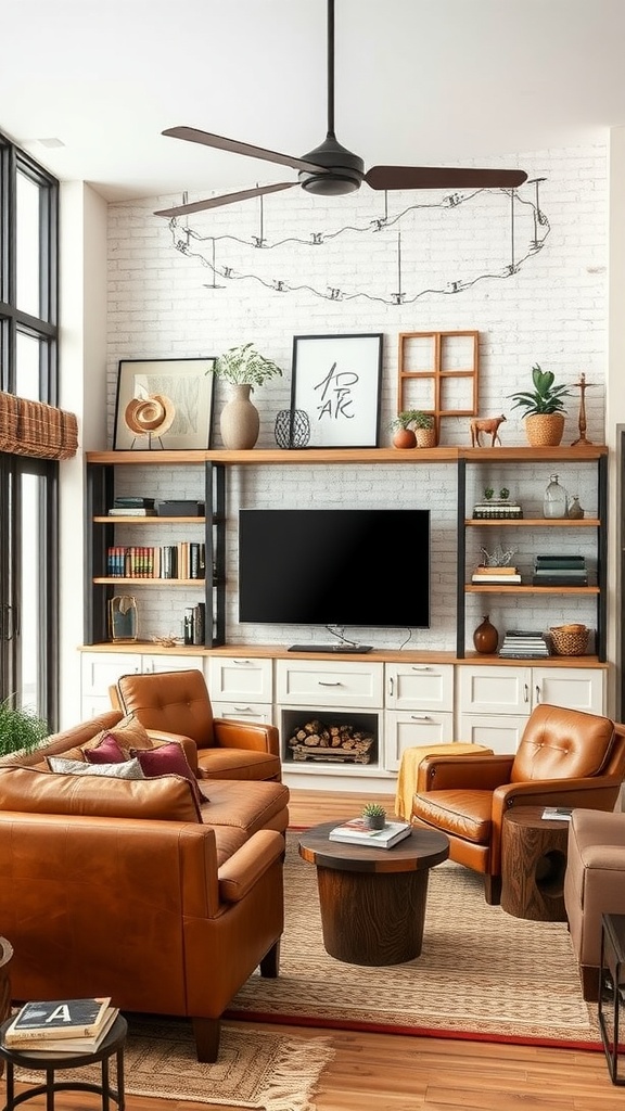 A modern living room featuring leather chairs, a brick wall, and stylish shelving.