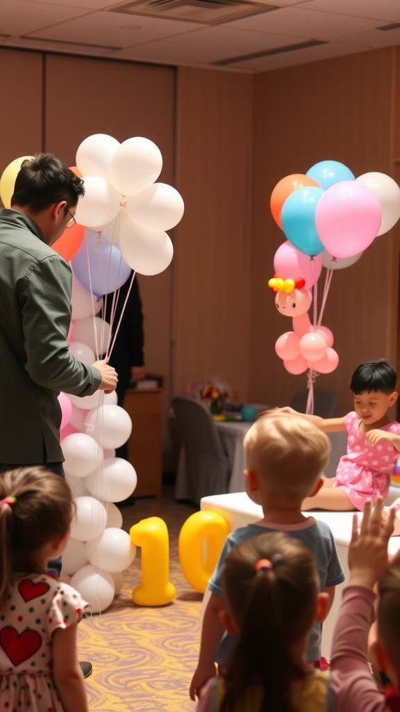 Children watching a person making balloon animals at a baby shower