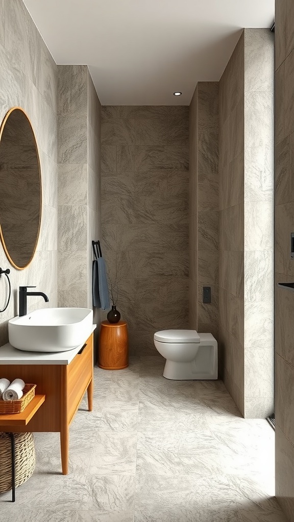 A modern Japanese bathroom featuring bamboo and stone elements, with a wooden vanity and round mirror.