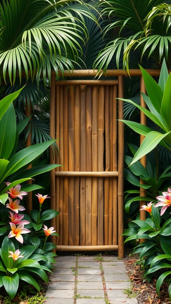 A bamboo doorway surrounded by lush tropical plants and vibrant flowers