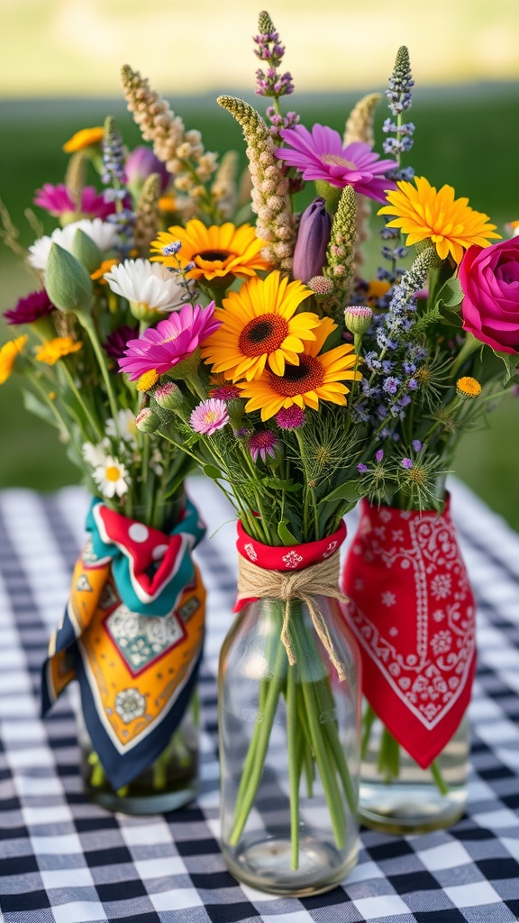 Three bandana-wrapped vases filled with colorful flowers on a checkered tablecloth