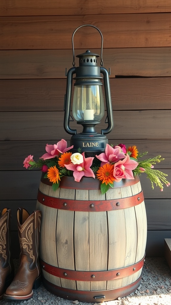 A rustic wooden barrel with a lantern on top, decorated with colorful flowers, beside cowboy boots.