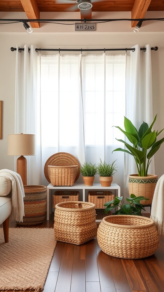 A cozy living room featuring various woven baskets for storage and decoration, plants, and natural light.