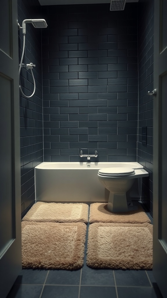 A small dark bathroom featuring soft bath mats by the bathtub and toilet.