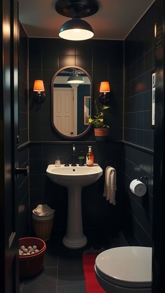 A small dark bathroom with modern accessories and soft lighting.