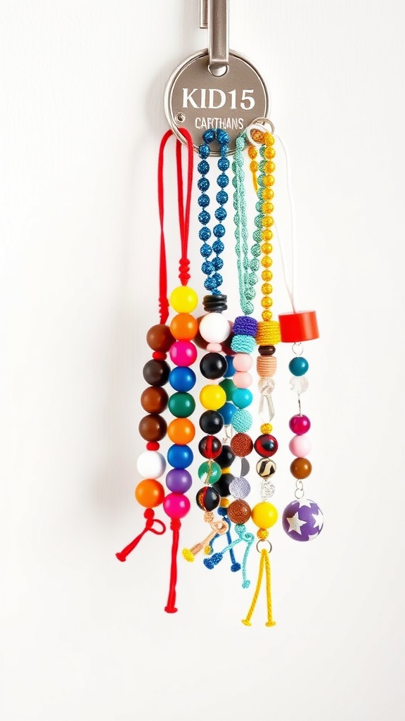 Colorful beaded keychains hanging from a hook