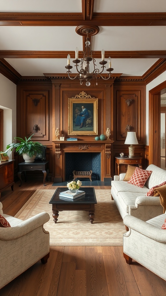 An elegant old English living room featuring bespoke carpentry and woodwork, with wooden paneling, a chandelier, and stylish furniture.