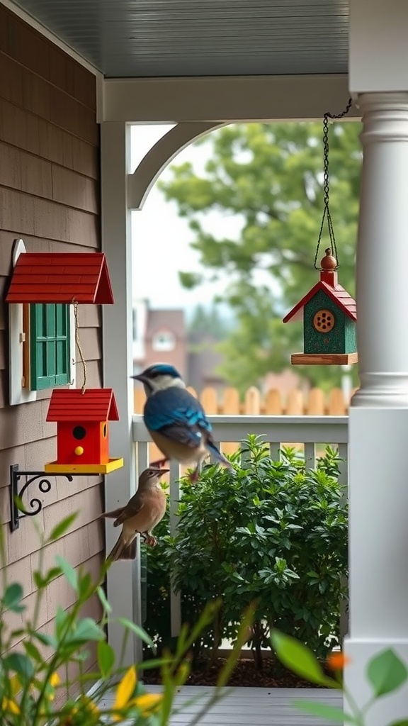 Colorful birdhouses and feeders on a front porch with birds nearby.