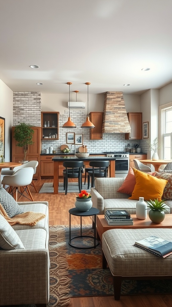 Cozy living room and kitchen area featuring a blend of textures and materials.