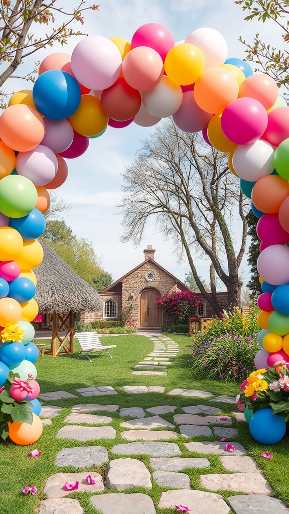 A vibrant balloon arch in a garden leading to a stone path and cottage