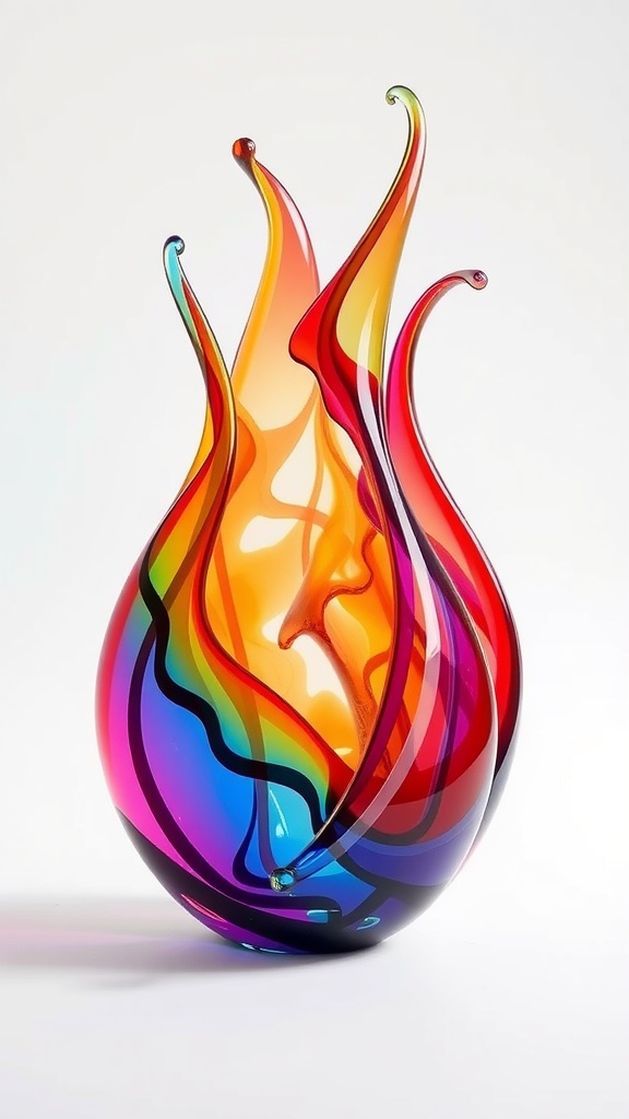 Colorful blown glass sculpture resembling flames