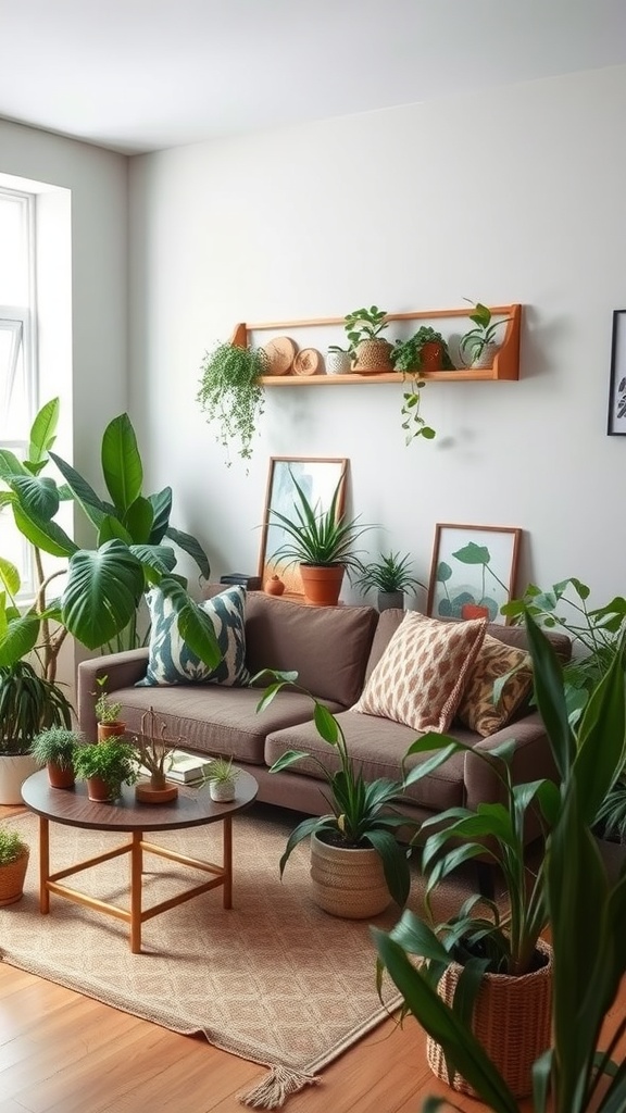 A cozy living room with a brown sofa, colorful pillows, and various indoor plants arranged around a wooden coffee table.