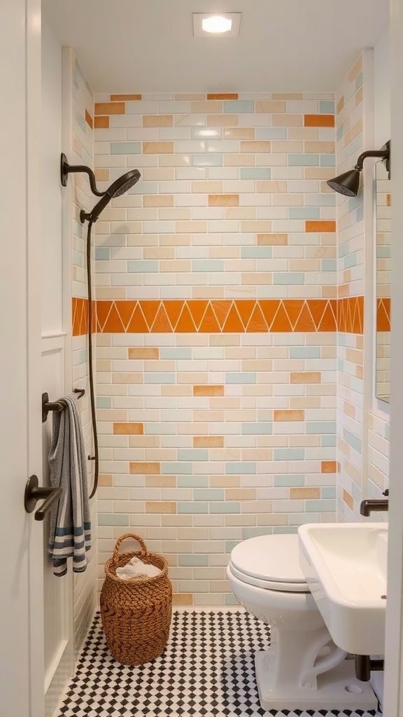 A small bathroom featuring a shower with colorful accent tiles and a checkered floor