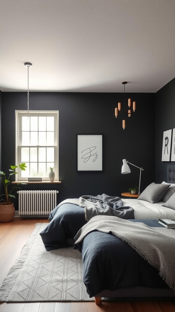 A bedroom featuring a bold black accent wall with two beds, modern decor, and a plant near the window.