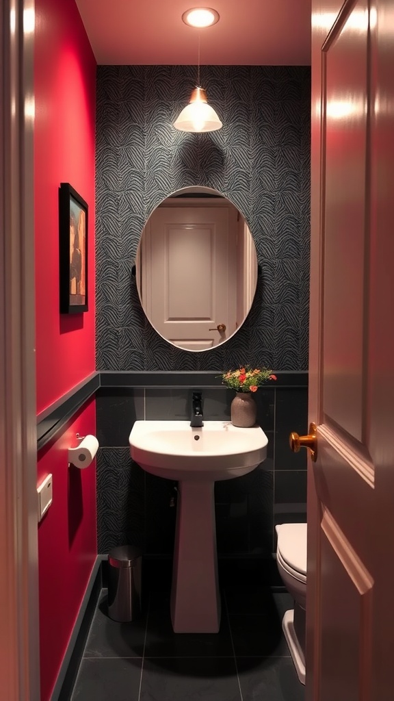 A small, dark bathroom featuring a bold red accent wall, patterned wallpaper, and modern fixtures.