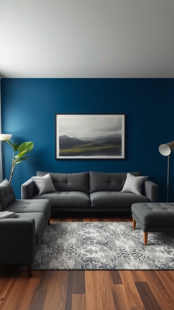 Living room featuring a dark gray couch and a bold blue accent wall