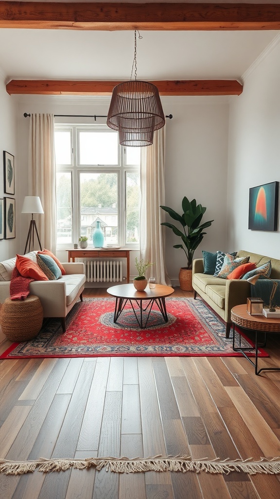 A cozy modern boho living room featuring a bold red area rug, comfortable sofas, and natural light