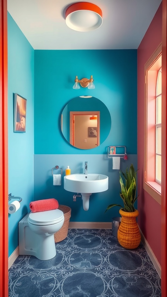 A colorful ensuite bathroom with teal and pink walls, featuring a round mirror, unique lighting, and a potted plant.