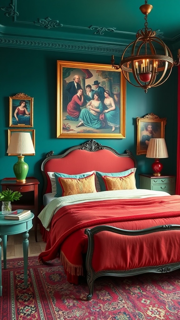 A beautifully decorated French style bedroom featuring teal walls, red bedding, and ornate decorations.