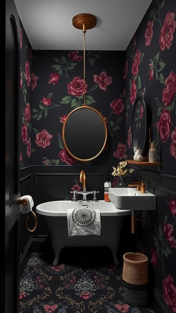 A dark bathroom featuring bold floral wallpaper, a freestanding bathtub, and gold accents.