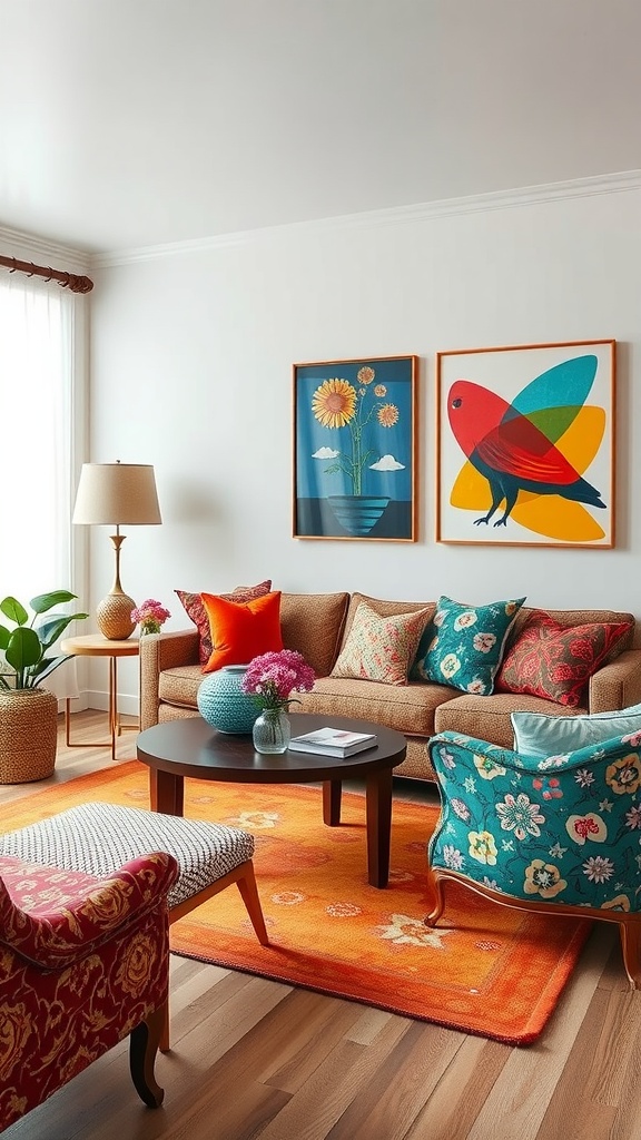 A colorful living room with patterned cushions, vibrant artwork, and a bright orange rug.