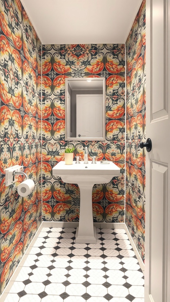 Small bathroom with bold patterned wallpaper and geometric floor tiles.