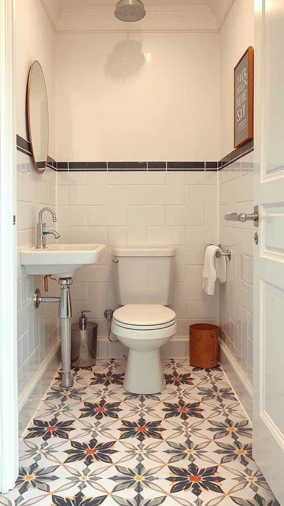 A small bathroom featuring colorful floral patterned tiles on the floor and white walls.