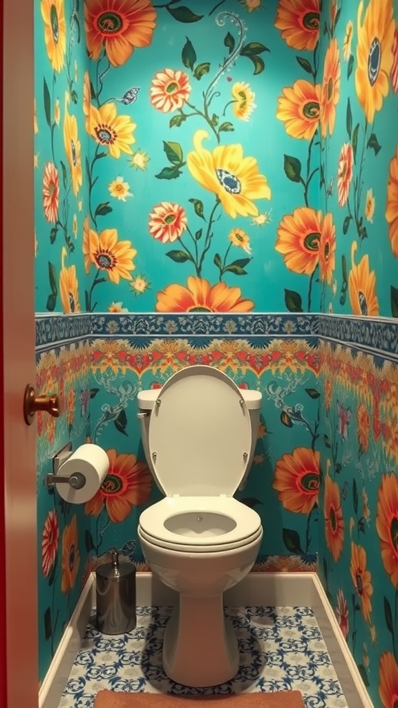 A small toilet room with bright floral wallpaper and a white toilet