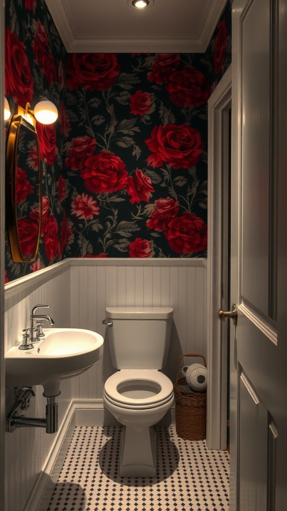 Small bathroom with bold floral wallpaper and white fixtures