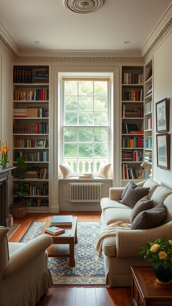 Cozy living room with bookshelves, window seat, and warm decor