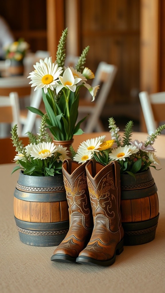 A cowboy-themed centerpiece featuring cowboy boots filled with flowers next to wooden barrels.