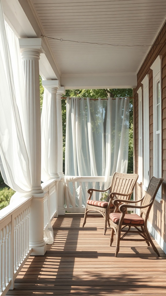 A front porch with light curtains swaying in the breeze and two wicker chairs.