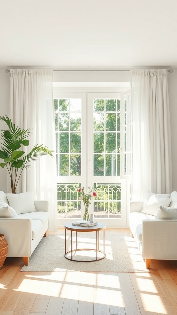 A bright living room with white linen curtains, two white sofas, and a small coffee table, surrounded by greenery.