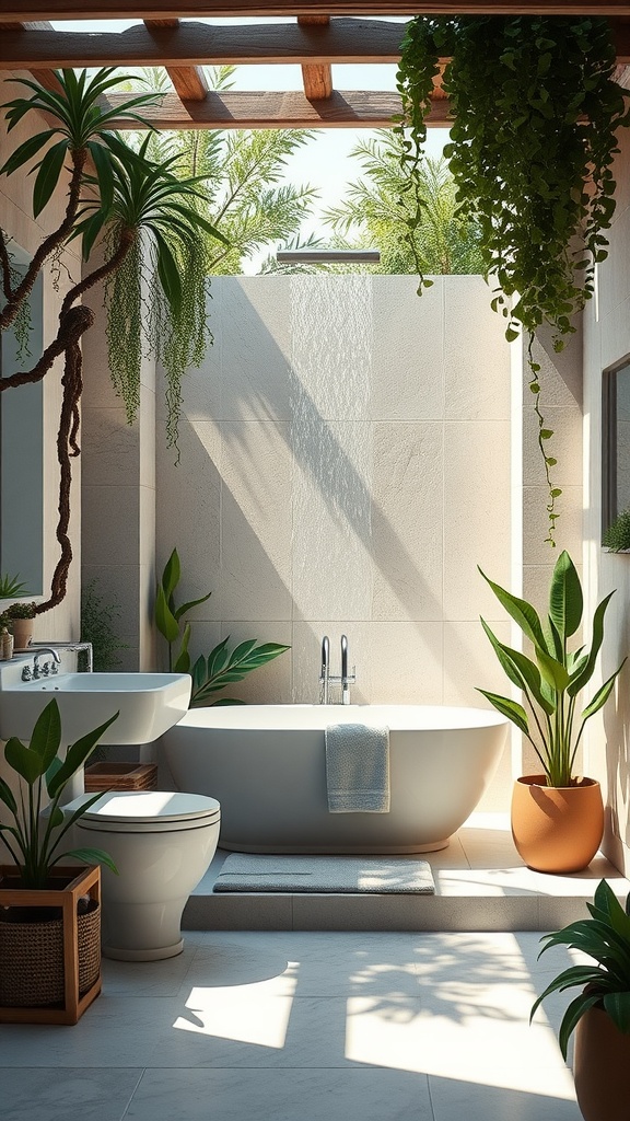 Open concept bathroom with plants and natural light