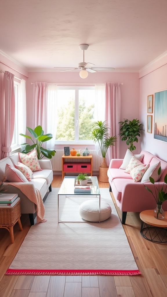 Bright and airy mobile home living room with pink walls and light furniture