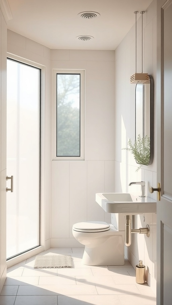 A minimalist small bathroom with ample natural light, featuring a sink, toilet, and a window.