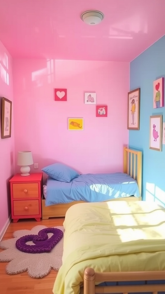 A bright and cheerful bedroom with pink and blue walls, two beds, and colorful decorations.