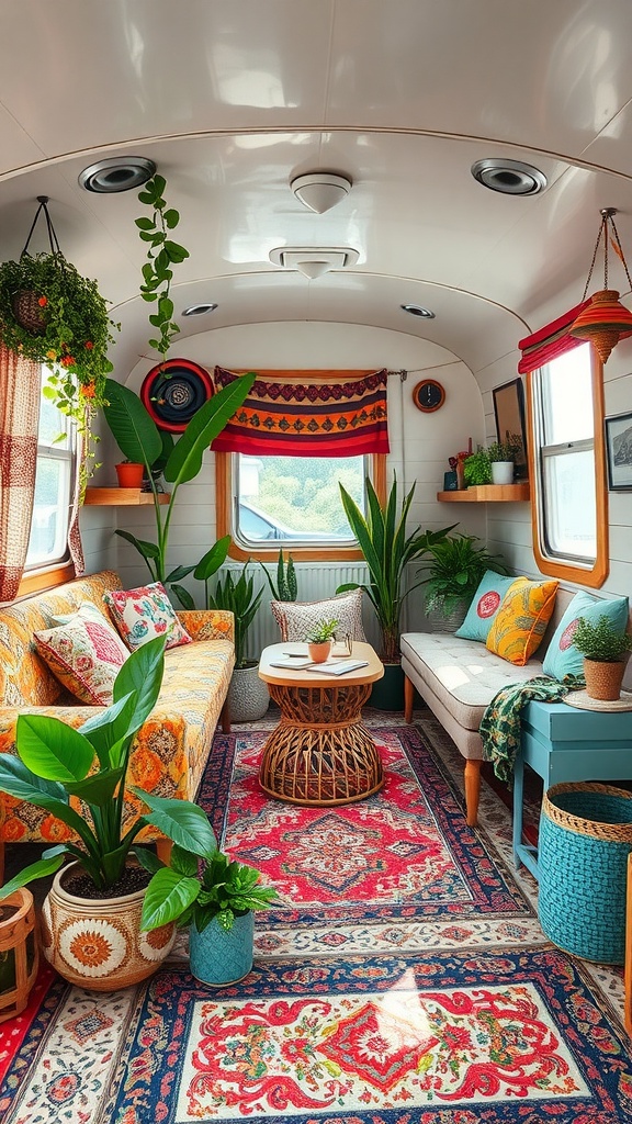 Bright bohemian living room in a trailer with colorful cushions, plants, and a vibrant rug.