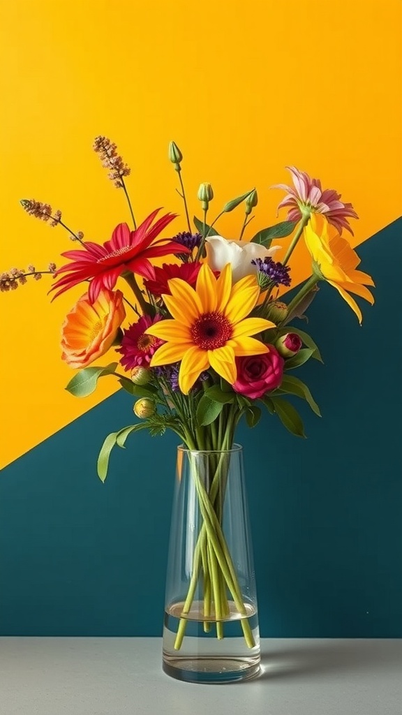 Bright flower arrangement in a clear vase against a yellow and teal background