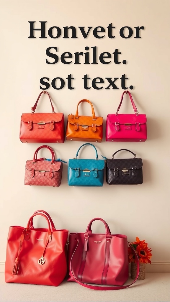 A collection of bright handbags in various colors displayed on a wall.